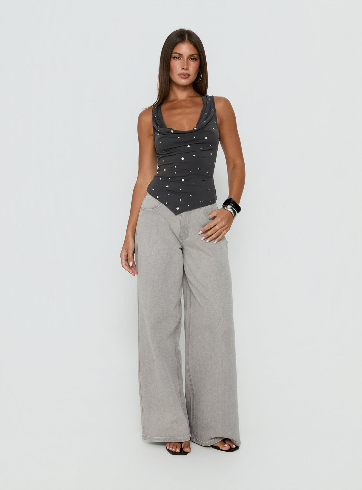 Quiet Confidence Studded Cowl Neck Top Grey