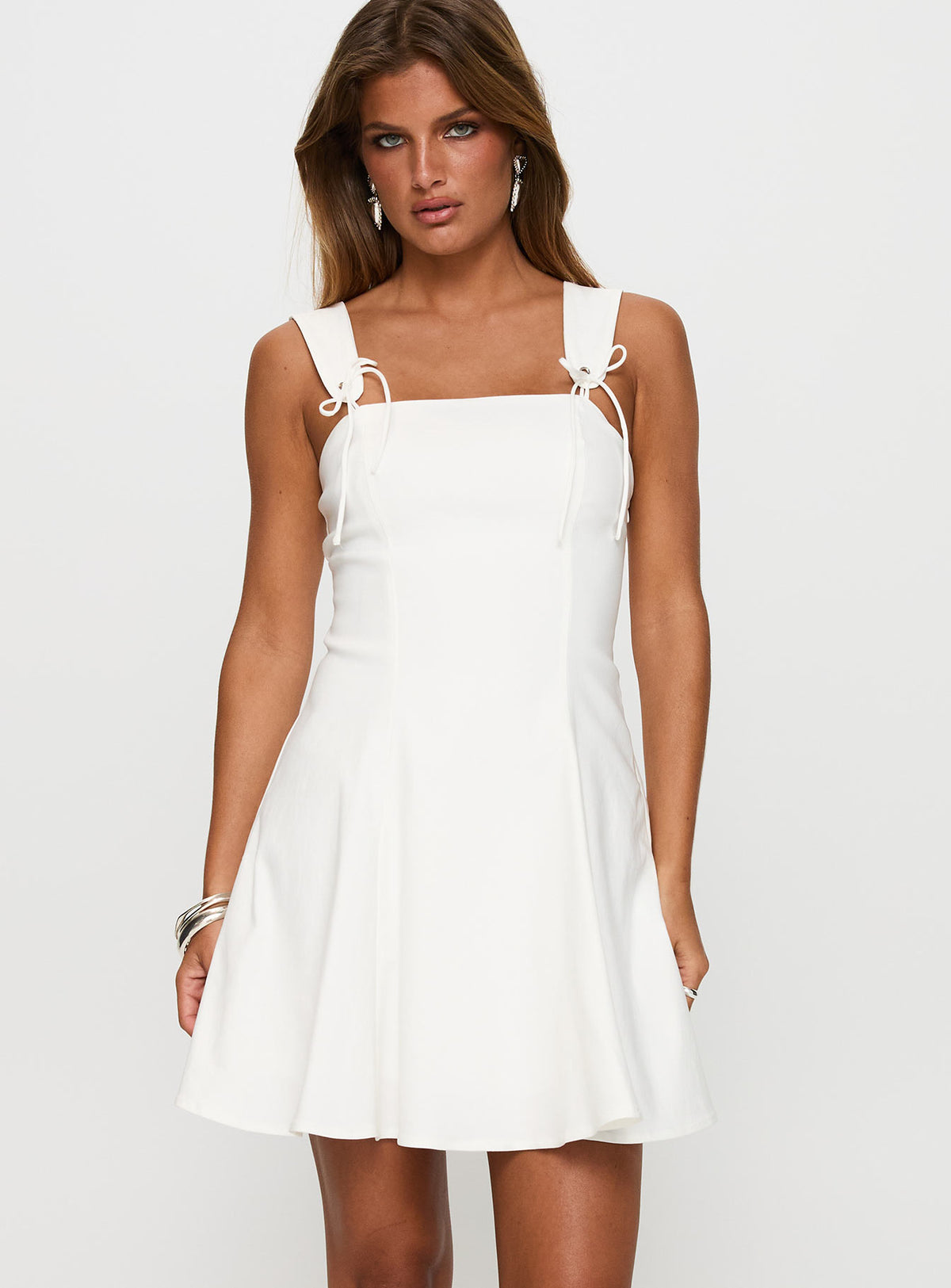 front view of model wearing Princess Polly Honey Suckle Tie Up Mini Dress White Square Neck 