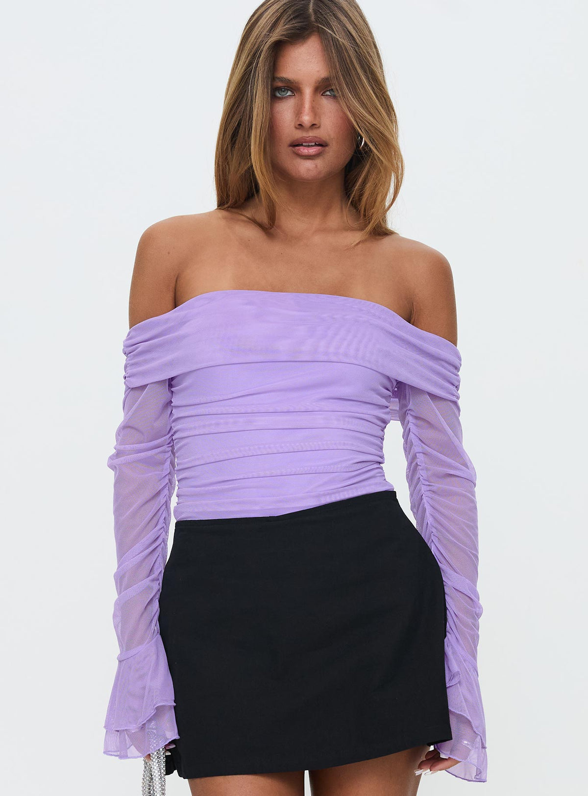 front view of model wearing Princess Polly Feel A Way Off Shoulder Bodysuit Lilac Long Sleeve Tops Bodysuit 