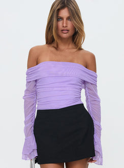 front view of model wearing Princess Polly Feel A Way Off Shoulder Bodysuit Lilac Long Sleeve Tops Bodysuit 