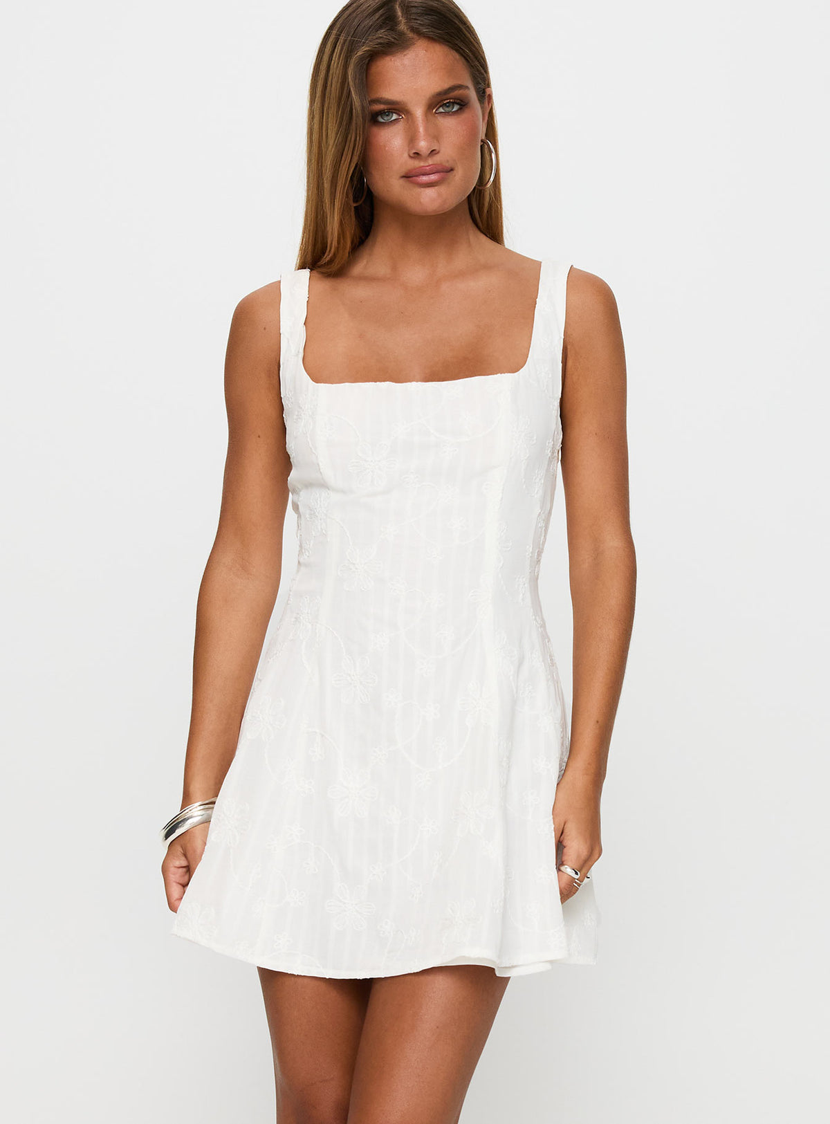 back view of model wearing Princess Polly You Can Embroidered Mini Dress White Square Neck 
