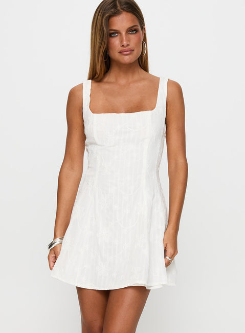 back view of model wearing Princess Polly You Can Embroidered Mini Dress White Square Neck 