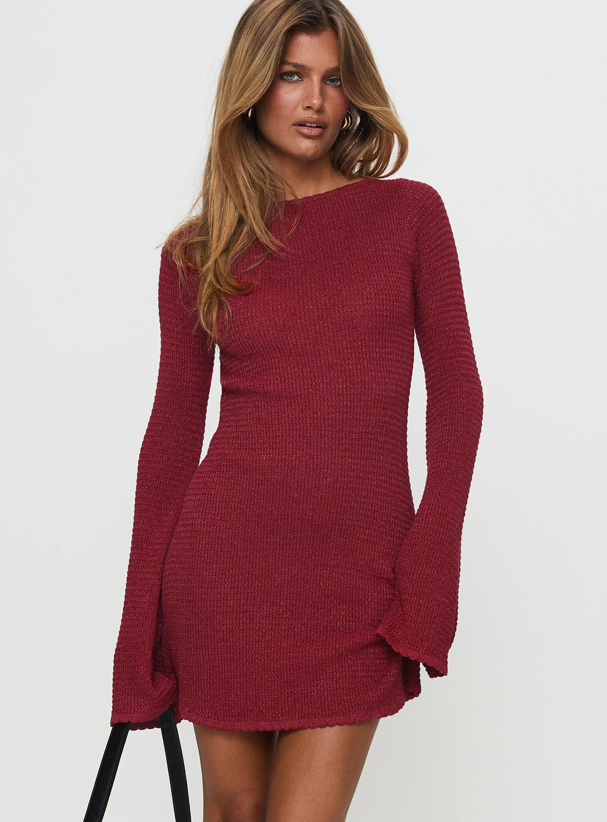front view of model wearing Princess Polly Rhapsody Long Sleeve Knit Mini Dress Red Crew Neck 