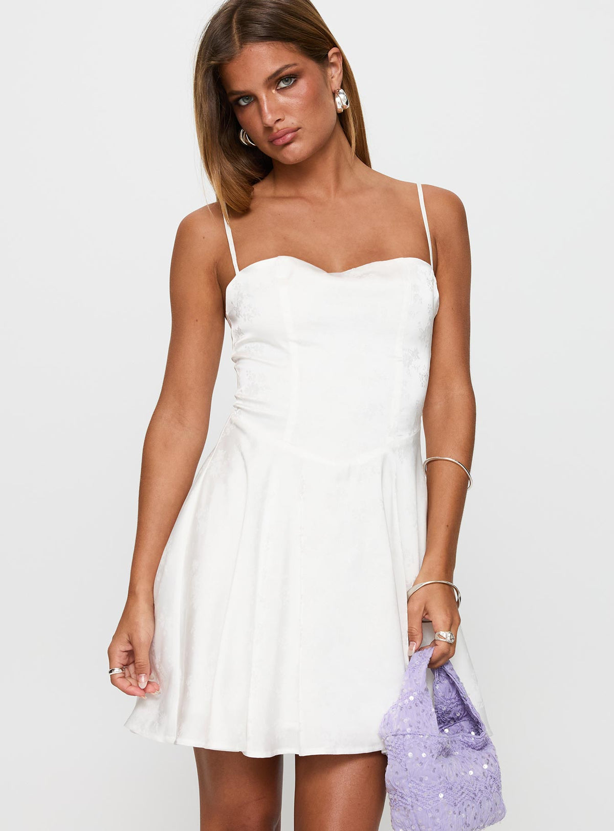 front view of model wearing Princess Polly Dreams Ahead Mini Dress White Square Neck 