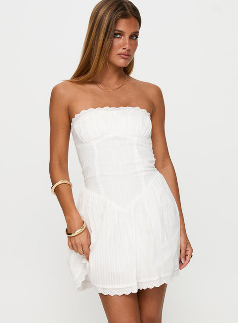 front view of model wearing Princess Polly Mirella Strapless Mini Dress White Straight Neck 