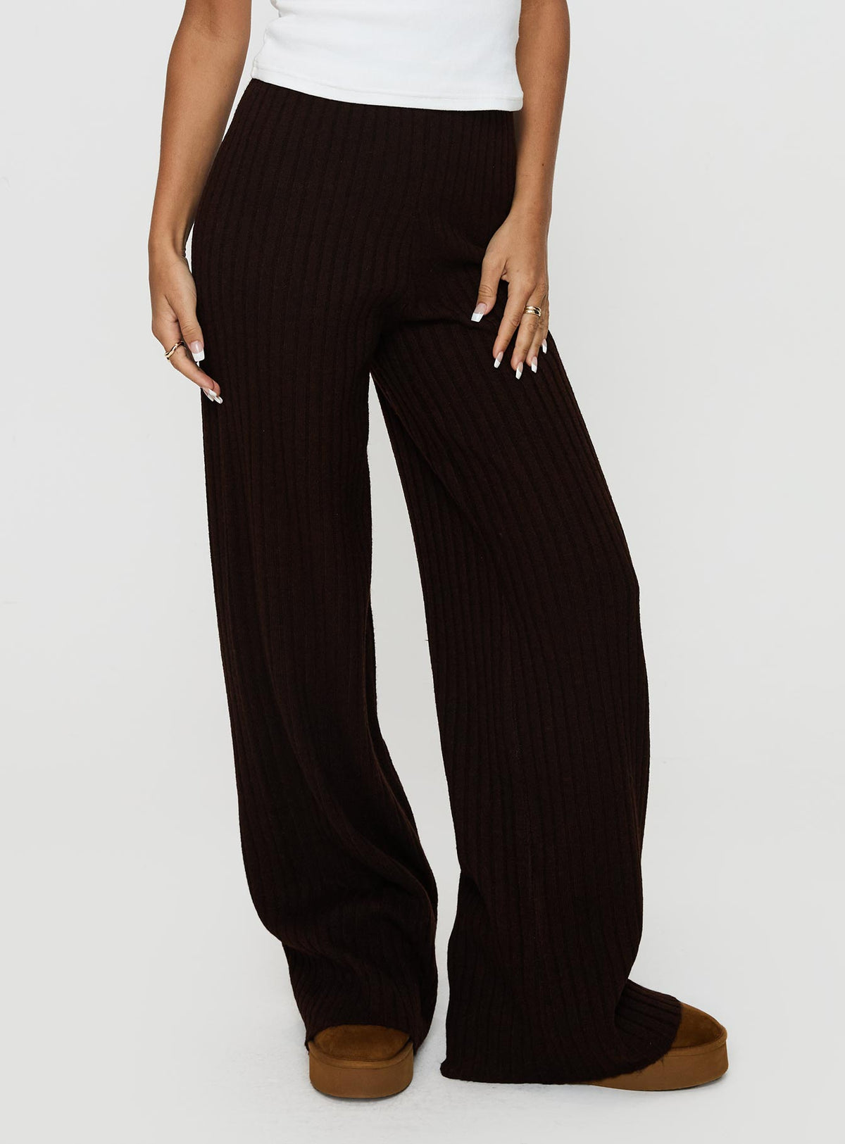 front view of model wearing Princess Polly Montana Knit Pants Chocolate Brown High Rise Pants Pants 