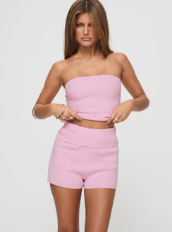 back view of model wearing Princess Polly Jhett Knit Shorts Pink High Waisted Shorts 