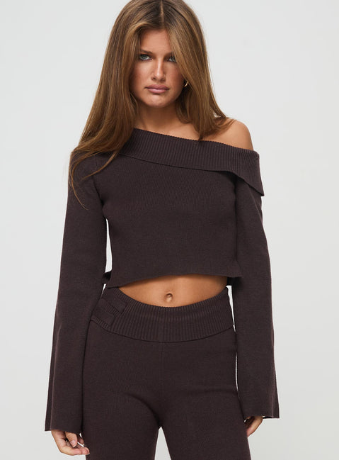 front view of model wearing Princess Polly Sina Off The Shoulder Top Chocolate Tall Full Sleeves Asymmetric Neckline 