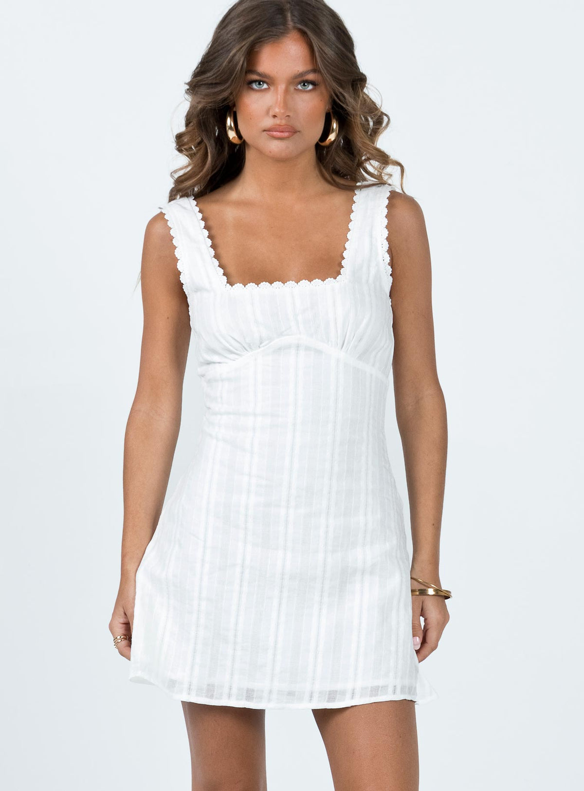 front view of model wearing Princess Polly Dasha Mini Dress White Lower Impact Square Neck 