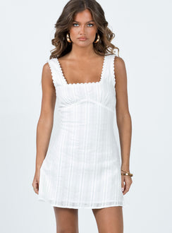 front view of model wearing Princess Polly Dasha Mini Dress White Lower Impact Square Neck 