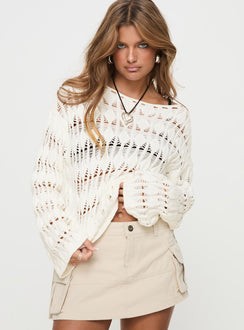 front view of model wearing Princess Polly Mistic Knit Sweater Cream Cropped Jumpers Jumpers 