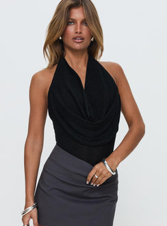front view of model wearing Princess Polly Feel The Rush Plunge Neck Bodysuit Black Sleeveless Bodysuit 