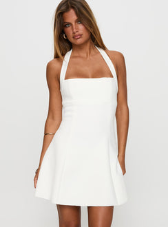 back view of model wearing Princess Polly Alyn Halter Mini Dress White Square Neck 