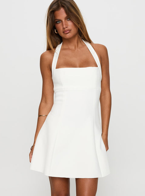 back view of model wearing Princess Polly Alyn Halter Mini Dress White Square Neck 