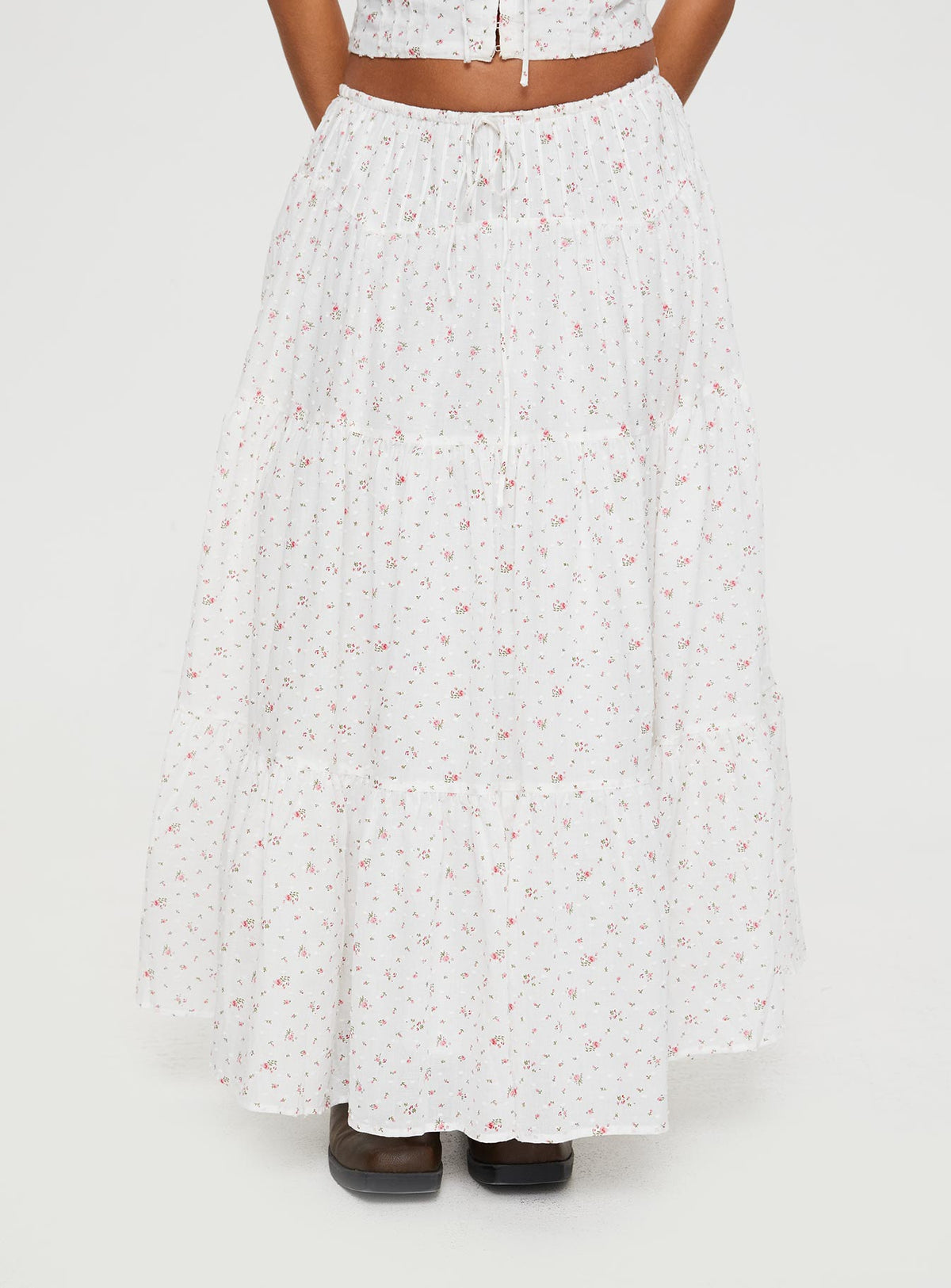 back view of model wearing Princess Polly Cherry On Top Maxi Skirt White Floral Midi Skirts Skirts 