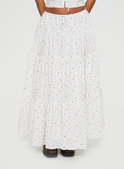 back view of model wearing Princess Polly Cherry On Top Maxi Skirt White Floral Midi Skirts Skirts 