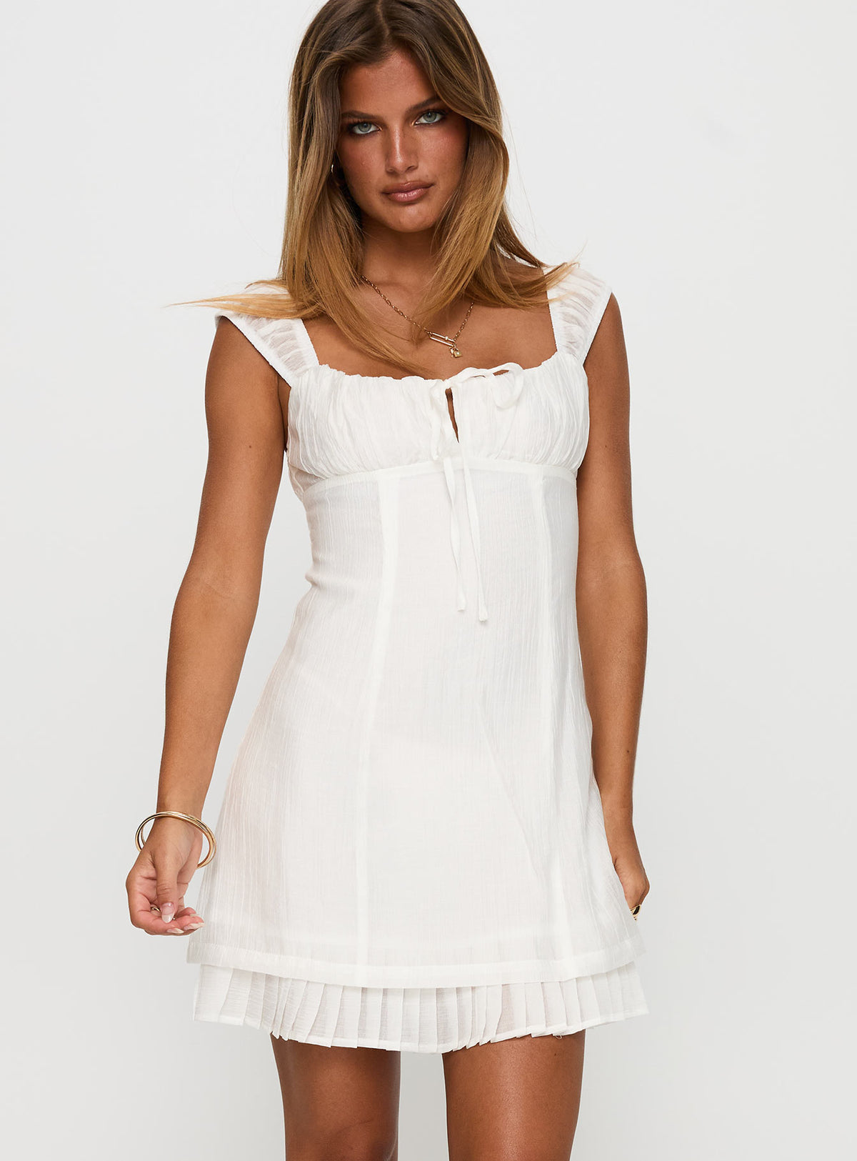 front view of model wearing Princess Polly Eternally Yours Mini Dress White Scoop Neck 