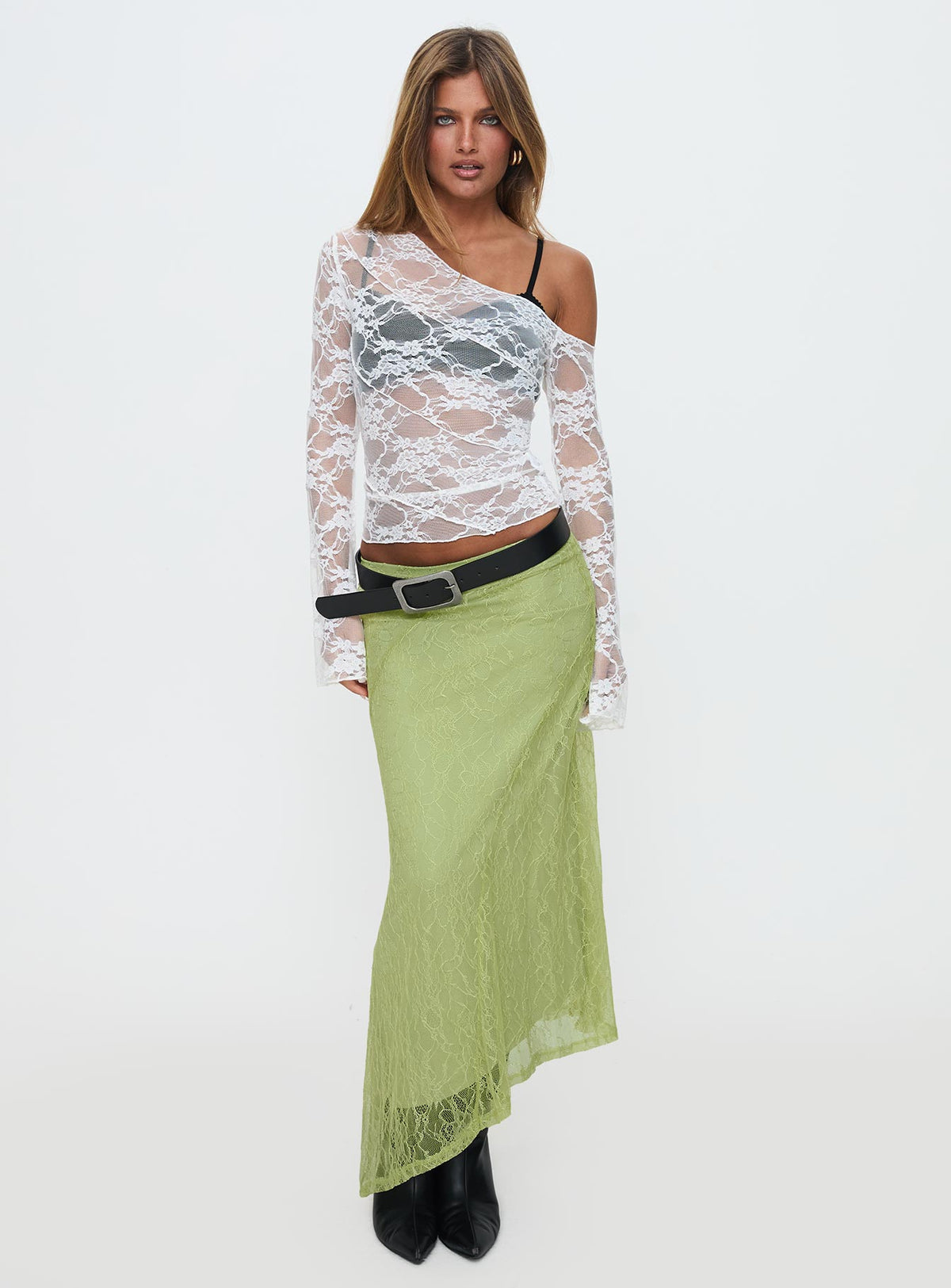   front view of model wearing Princess Polly Dreamcatcher Lace Maxi Skirt Green Maxi Skirts Skirts 