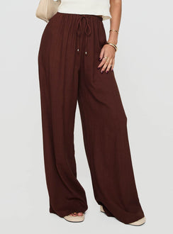 front view of model wearing Princess Polly Ogilvie Linen Blend Pants Chocolate High Rise Pants Pants 