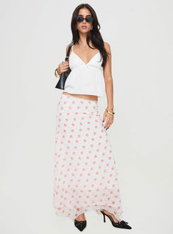   front view of model wearing Princess Polly Dancing In A Field Maxi Skirt Pink Floral Maxi Skirts Skirts 
