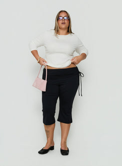 Showcasing Bailor Channel Waistband Capri Pants Black Curve womens-regular-pants with high-rise front view of model wearing Princess Polly