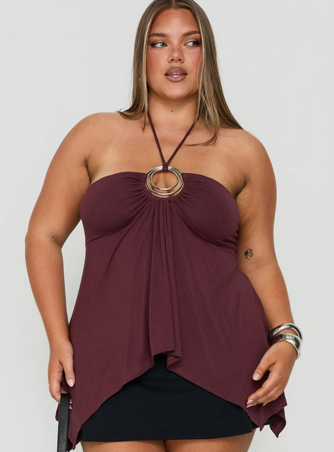 Betsey Ring Detail Tie Neck Top Burgundy Curve