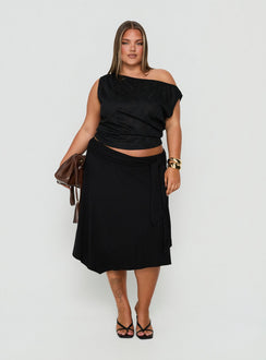 Soft Focus Tie Waist Midi Skirt Black Curve