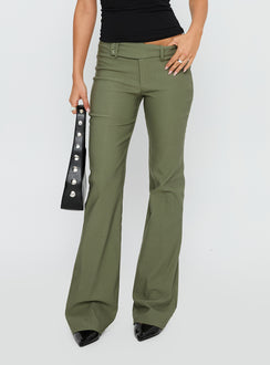 back view of model wearing Princess Polly Kinkirk Flared Pants Olive Green Low Rise Pants Pants 