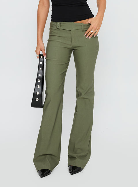 back view of model wearing Princess Polly Kinkirk Flared Pants Olive Green Low Rise Pants Pants 