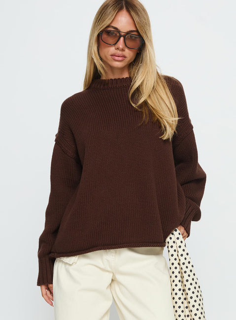 front view of model wearing Princess Polly Wilda Crew Neck Knit Sweater Brown Longline Jumpers 