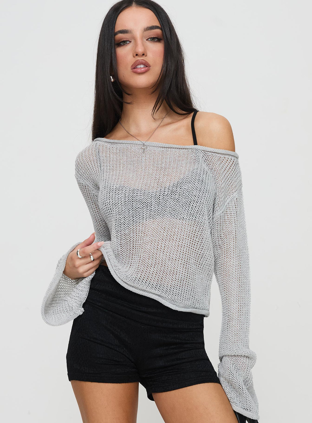 front view of model wearing Princess Polly Cafe Pari Sweater Grey Cropped Jumpers Jumpers 