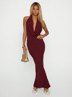front view of model wearing Princess Polly Vortexa Halter Maxi Dress Currant Plunger 