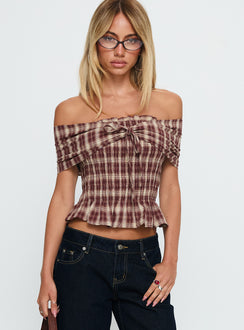 Avalynn Off Shoulder Shirred Top Brown Check