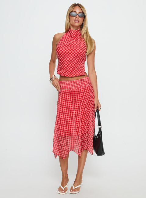   side view of model wearing Princess Polly Scenic Route Asymmetrical Midi Skirt Red Check Midi Skirts Skirts 