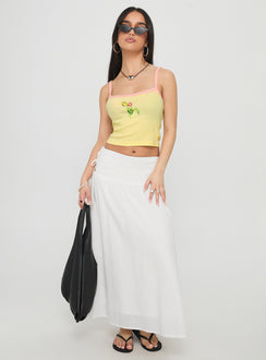   side view of model wearing Princess Polly Vence Ruched Maxi Skirt White Maxi Skirts Skirts 