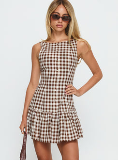 Kolbie Boat Neck Frill Mini Dress Brown Gingham
