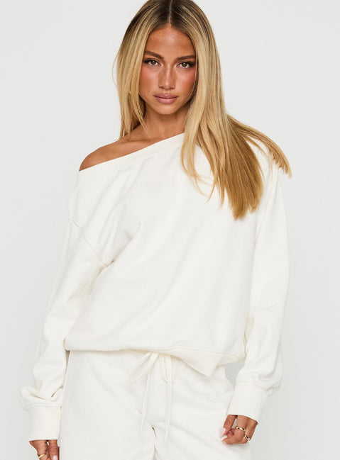 front view of model wearing Princess Polly Wellness Off The Shoulder Jumper Washed White Jumpers 