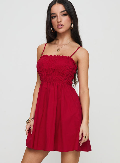 side view of model wearing Princess Polly Ketzia Mini Dress Red Square Neck 