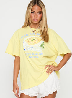 front view of model wearing Princess Polly Pasta Makes You Fasta Oversized Tee Yellow Half Sleeves Crew Neck 