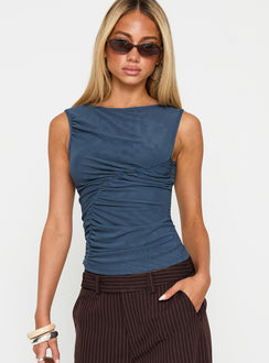 front view of model wearing Princess Polly Persuade You Ruched Top Blue Sleeveless Crew Neck 