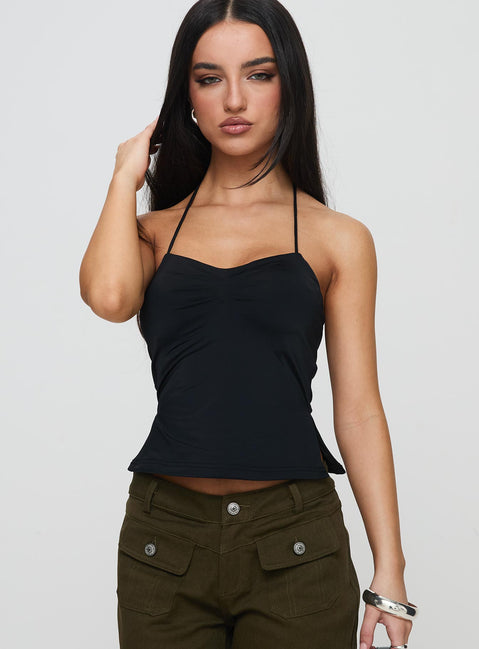 front view of model wearing Princess Polly Rehna Halter Top Black Sleeveless Sweetheart 
