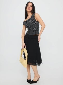   front view of model wearing Princess Polly Evanescence Asymmetrical Midi Skirt Black Midi Skirts 