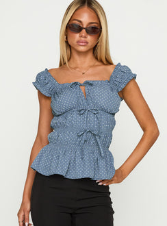 front view of model wearing Princess Polly Scouts Honour Shirred Top Blue / White Short Sleeves Square Neck 
