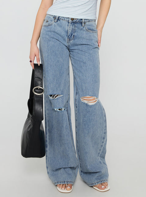 back view of model wearing Princess Polly Kadison Low Rise Straight Leg Jeans Mid Wash Blue Low Rise Jeans Jeans 