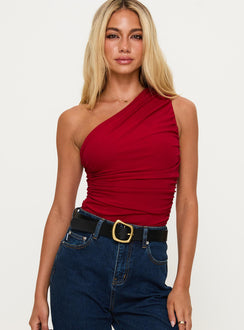 front view of model wearing Princess Polly Heston Asymmetrical Ruched Bodysuit Red Sleeveless Bodysuit 