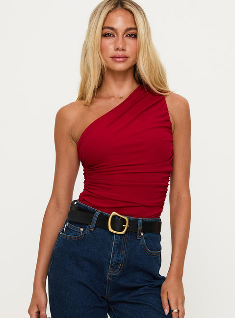 front view of model wearing Princess Polly Heston Asymmetrical Ruched Bodysuit Red Sleeveless Bodysuit 