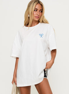 front view of model wearing Princess Polly Club Polly Oversized Tee White Half Sleeves Crew Neck 