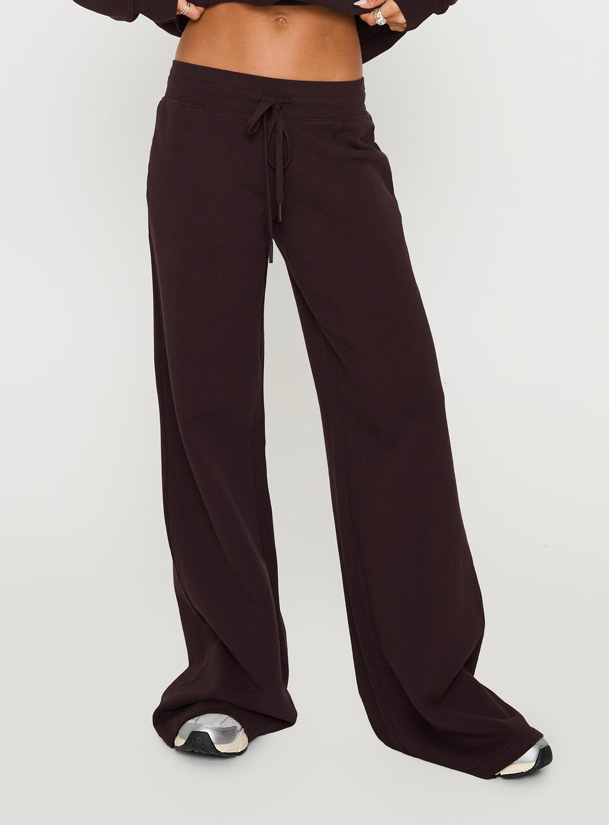front view of model wearing Princess Polly Dodie Wide Leg Pants Washed Brown High Rise Pants 
