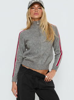 Discover the Caysey Zip Through Knit Sweater Grey womens-jumpers with short length front view of model wearing Princess Polly