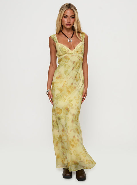 front view of model wearing Princess Polly Fernwood Maxi Dress Yellow Multi Plunger 